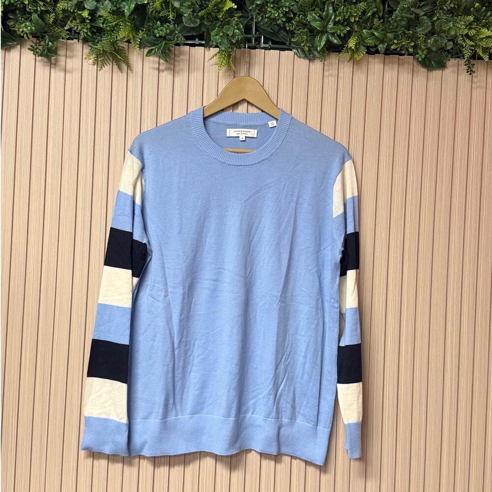 Chinti & Parker 100% Cashmere Crewneck Sweater Blue Stripe Sleeve Size M